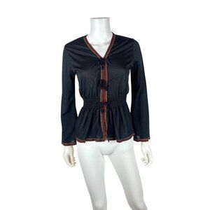 Vintage 70s Bow Accent Top Womens XS Rainbow Stripes Disco Long Sleeve Shirt